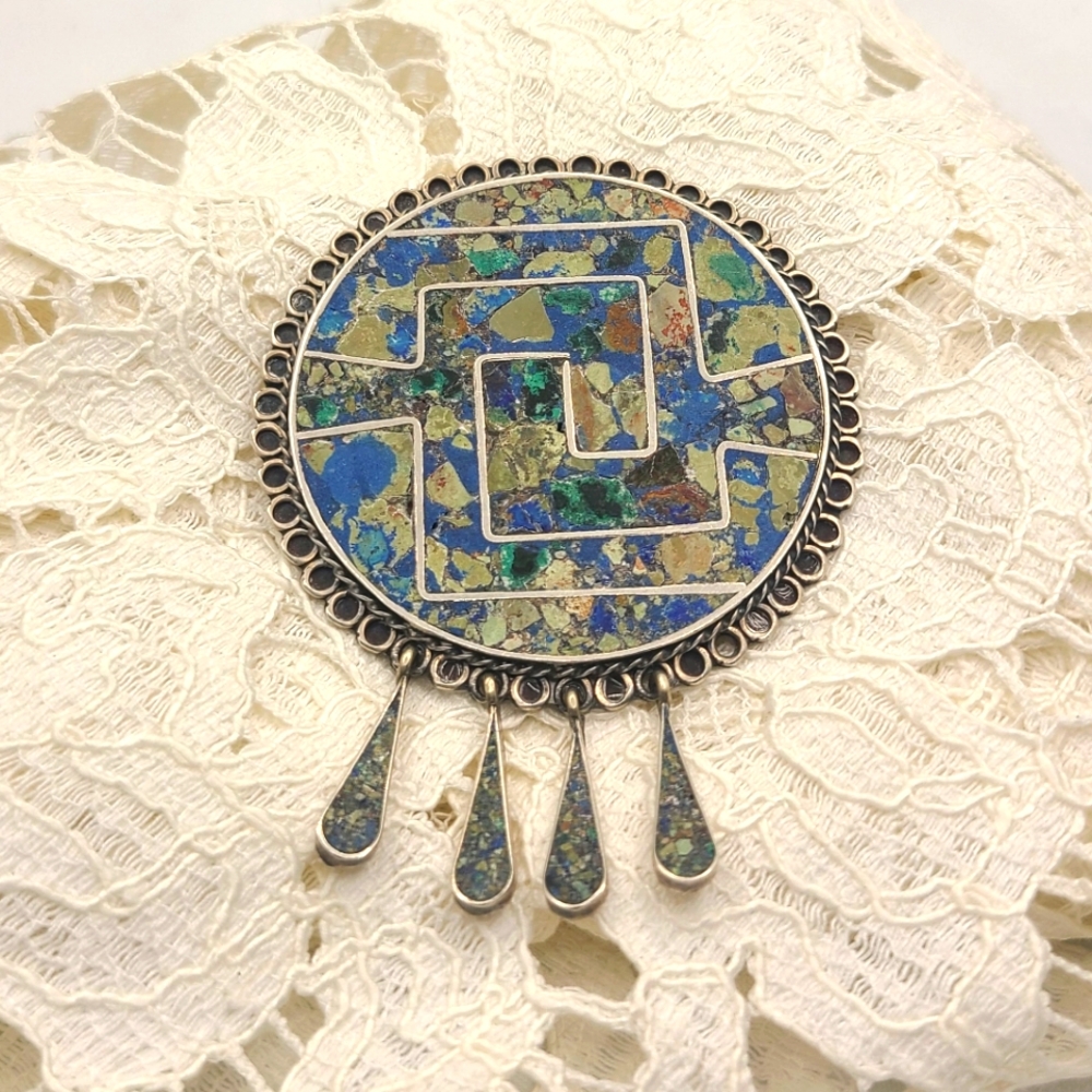 Vintage Taxco Mexico 925 Turquoise & Lapis Inlay Brooch Pin Necklace w/ dangles
